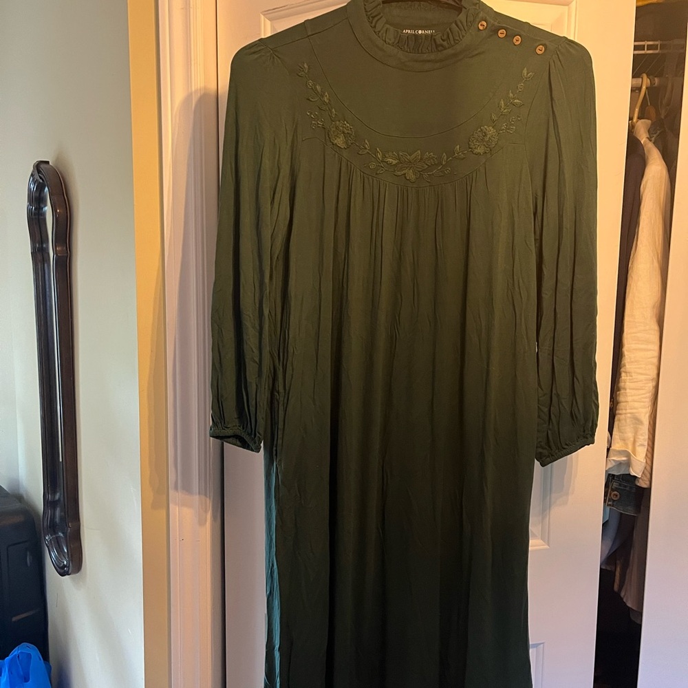 April Cornell Forest Green Ruffled Collar Dress
